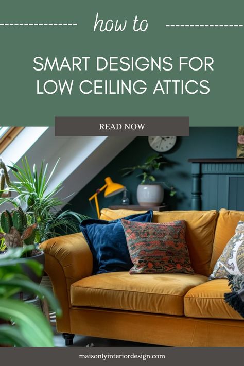 Turning a small attic with low ceilings into a functional space is easier than you think. Discover practical storage solutions, clever furniture arrangements, and creative decor ideas to maximize your cozy attic. Use hanging shelves to free up floor space and consider multifunctional furniture like ottomans that double as storage. Bright colors and mirrors create the illusion of height, while plush textures add warmth to your retreat. Dive into our tips to transform your alluring attic into a stylish hideaway you love. Finished Attic Office, Low Ceiling Attic Ideas, Angled Ceiling Living Room, Small Attic Ideas Low Ceilings, Small Attic Ideas, Small Attic Spaces, Small Attic Room Ideas, Low Ceiling Attic, Small Attic Room