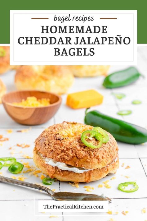 These easy homemade jalapeño cheddar bagels are absolutely bursting with peppery, cheesy flavor thanks to fresh jalapeños and cheddar cheese grated right into the dough. For extra heat, they're finished with a jalapeño egg wash, more jalapeño slices, and a generous heap of grated cheddar cheese on top. Cheddar Bagels, The Practical Kitchen, Bun Recipes, Fat Panda, Knead Bread, Jalapeno Cheddar, Practical Kitchen, Bagel Recipe, Baking Company