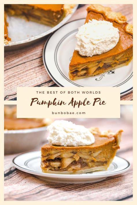 With a caramel apple layer and a spiced pumpkin layer, this Pumpkin Apple Pie is the best of both worlds. Caramel Apple Pumpkin Pie, Pumpkin Dutch Apple Pie, Apple And Pumpkin Pie, Apple Pumpkin Pie Recipe, Pumpkin Apple Pie Recipes, Layered Apple Pie, Pumpkin Apple Pie, 2024 Holidays, Apple Pumpkin Pie