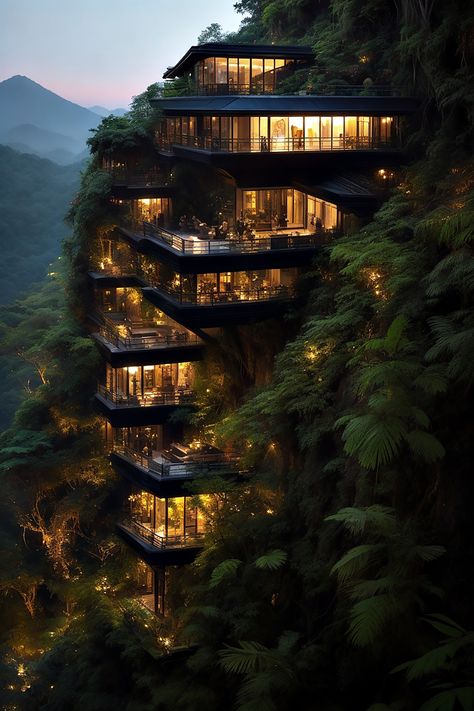 Home Built Into Mountain, Mansion On A Cliff, House Between Mountains, Large Cabin In The Woods, House Built Into Mountain, Different Types Of Houses Style, House In The Middle Of The Forest, Houses With Green Roofs, Mansion In The Woods