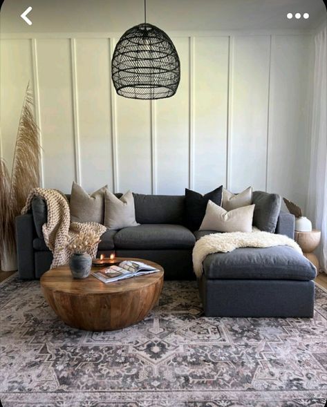 Dark Couch Living Room, Dark Grey Sofa Living Room, Camp Living, Gray Sectional Living Room, Dark Grey Couch Living Room, Batten Walls, Candles Cozy, Autumn Candles, Cozy Living Room Ideas