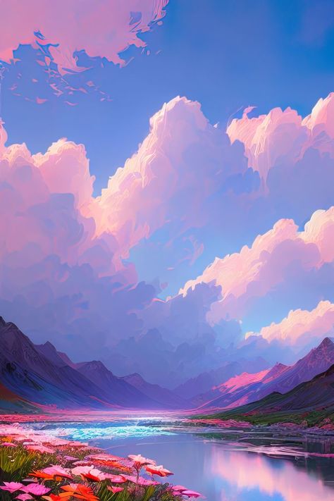 The mountain lake is surrounded by a vibrant display of pink flowers, their petals delicately floating on the calm water's surface. As the sun begins to set, the sky above transforms into a canvas of pink and purple clouds, creating a breathtakingly beautiful scene. Game Boy Wallpaper, Purple Skies, Purple Clouds, Boy Wallpaper, Sky Lake, Pink Mountains, Mountain Landscape Painting, Mountain Drawing, Pastel Landscape