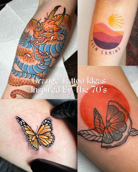 Bold Orange Tattoos Inspired By The 70's - Tattoo Glee 70s Style Tattoo, 70s Inspired Tattoos, Orange Tattoos, Silver Tattoo Ink, Coffee Cup Tattoo, Aesthetic Tattoo Ideas, Americana Tattoo, Cute Thigh Tattoos, Colorful Tattoo