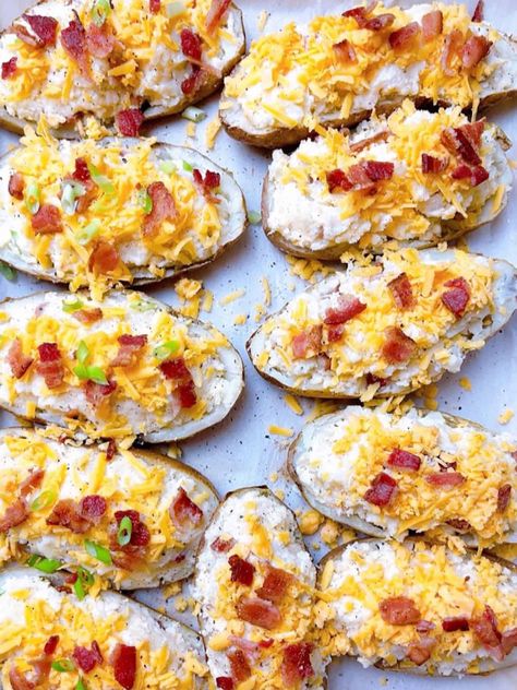 loaded twice baked potatoes with bacon and cheese hero image close up of sheet pan of potatoes with all the toppings Twice Baked Potatoes Freezer Recipe, Freezer Twice Baked Potatoes, Loaded Twice Baked Potatoes, Potatoes With Bacon, Freezer Meal Planning, Bacon And Cheese, Lemon Potatoes, Cooking Challenge, Hero Image