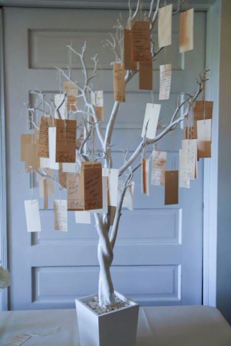 No guest book ls a wishing tree instead. Everyone writes well wishes for the bride and groom and then tree can be displayed in their home. Wish Tree Wedding, Wishing Tree Baby Shower Ideas, Diy Wishing Well Wedding, Wish Tree Ideas, Wishing Tree Ideas, Wishing Tree Baby Shower, Wishing Tree Wedding, Wish Wall, 50th Wedding Anniversary Decorations