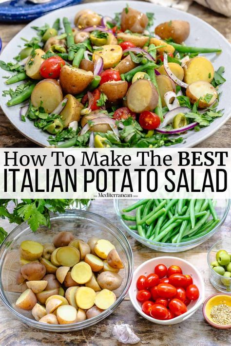 Italian potato salad with oregano, cherry tomatoes, and green beans. Make this no mayo potato salad as satisfying side dish. Italian Potato Salad With Green Beans, Italian Green Beans And Potatoes, Italian Potato Salad Recipe, Healthy 2025, Potato And Green Bean Salad, No Mayo Potato Salad, Italian Potato Salad, Mayo Potato Salad, Mediterranean Salads