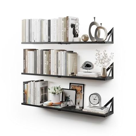 CASSA Wall Mounted Floating Book Shelves for Wall Set of 3, Shelf Bookshelf for Bedroom Living Room Office Bathroom Kitchen Rustic Wood with Metal Bracket (Large Black) Black Corner Shelf, Bookshelf For Bedroom, Black Kitchen Shelves, Floating Book Shelves, Invisible Shelves, Kids Room Bookshelves, Black Wall Shelves, Cd Shelves, Floating Books