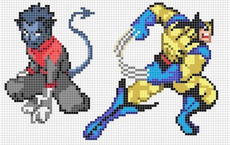 X-Men Night Crawler and Wolverine Cross stitch or perler pattern X Men Cross Stitch, Night Crawler, Perler Pattern, Perler Ideas, Diy Perler Beads, Crochet Tapestry, Stitch 2, Perler Patterns, Perler Bead Patterns