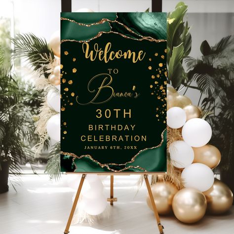 Editable Green AGATE Birthday Welcome Sign Template or PRINTABLE Welcome Poster AGATE is an editable, easy-to-personalize Template. You can Personalize your Editable PRINTABLE Birthday Party decor Welcome Sign in Canva, an easy-to-use editor that works in your web browser, There's even a free version. The Welcome Sign Decoration features a Black/Blue design with Blue Agate which would be a great way to welcome your guests to your events. Black Welcome Signage Would be perfect for any event such Green Gold And Black Birthday Party, Black White And Green Birthday Party, Emerald Green Black And Gold Birthday, Emerald Green 50th Birthday Party, Black And Green Theme Party, Birthday Signage Ideas, Green Birthday Decorations For Man, Birthday Party Green Theme, Black And Green Decorations Party