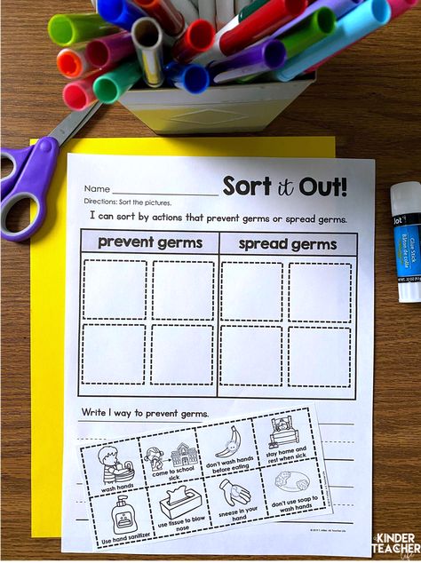 No prep, printable - Sort actions that prevent germs or spread germs. Germs Preschool Activities, Germs For Kids, Germ Crafts, Germs Preschool, Germs Lessons, Healthy Habits Activities, Germs Activities, Hygiene Lessons, Hygiene Activities