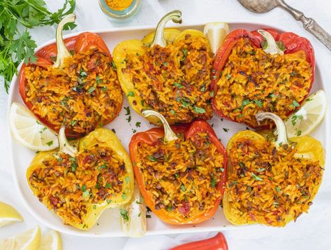 Mediterranean Inspired Stuffed Bell Peppers Recipe Best Lentil Recipes, Vegan Stuffed Bell Peppers, Chicken Quarter Recipes, Lentil Recipes Easy, Moroccan Carrot Salad, Easy Mediterranean Recipes, Vegan Stuffed Peppers, Rice Lentils, Plant Based School