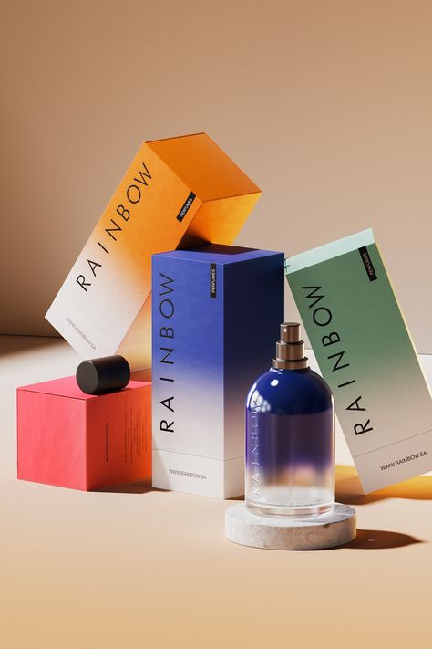 RAINBOW :: Behance Perfume Product Design, Perfume Package Design, Monochromatic Packaging, Scientific Packaging, Gradient Packaging Design, Gradient Packaging, Perfume Packaging Design, Perfume Packaging, Candle Packaging