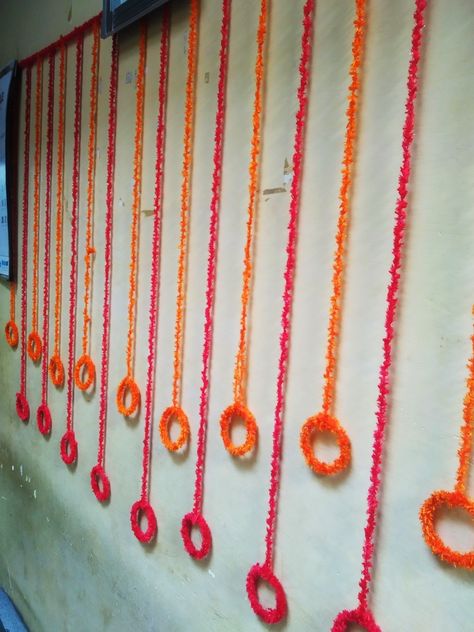 Navratri Wall Decoration Ideas, Back Drop Decorations For Pooja, Flower Decoration For Pooja On Wall, Rajasthani Decoration Ideas For Home, Deewali Decoration Ideas, Office Diwali Decoration Ideas, Wall Decoration For Diwali, Navaratri Decoration Ideas At Home, Navratri Decoration Ideas For Society