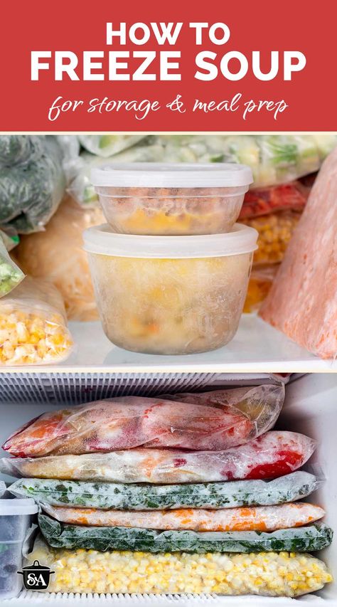 A collage of frozen soups on the freezer shelf. Best Way To Freeze Soup, Best Freezer Soups, Freezer Meal Soups, Make Ahead Soups To Freeze, Soups To Freeze Best, Best Soups To Freeze, How To Freeze Soup, Soup Recipes To Freeze, Soups That Freeze Well