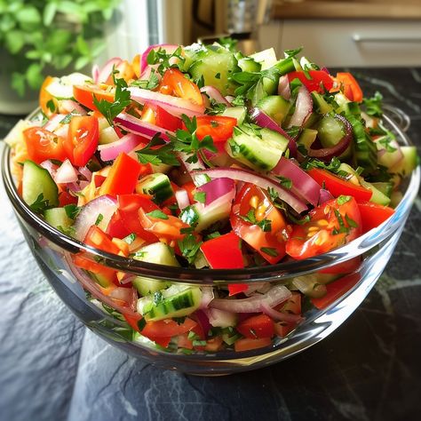 Vibrant Mediterranean Salad: A Burst of Freshness Brighten your table with this Vibrant Mediterranean Salad! 🥗🌿🍅 Packed with fresh vegetables and herbs, it’s the perfect light and refreshing dish for any occasion. Try it out and bring a burst of freshness to your meal! Ingredients 1 cup cherry tomatoes, halved 1 cup cucumber, diced 1/2 red bell pepper, diced 1/2 yellow bell pepper, diced 1/4 red onion, thinly sliced 1/4 cup fresh parsley, chopped 1/4 cup fresh mint, chopped 1/4 cup kalamata... Mediterranean Vegetable Salad, Best Mediterranean Salad, Mediterranean Salad Recipe, Yellow Bell Pepper, Perfect Salad, Mediterranean Salad, Fresh Salad, Healthy Food Dishes, Healthy Food Motivation