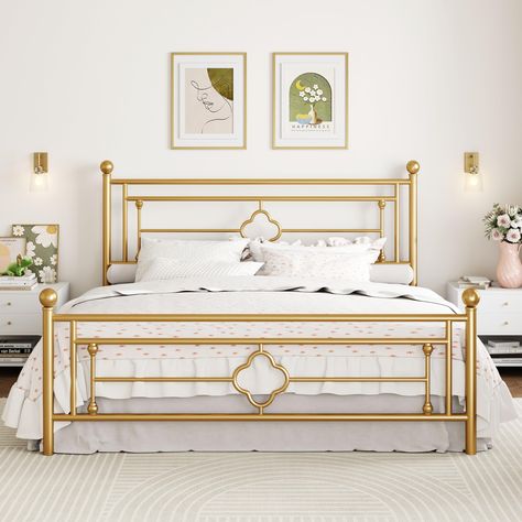 PRICES MAY VARY. [Sturdy and Durable] Crafted with heavy-duty metal support legs, our king platform bed frame ensures a solid foundation and long-lasting stability for a restful night’s sleep, making it a reliable choice for your bedroom or guest room. [Modern Design] With its sleek and minimalist design, our king bed frame with headboard and footboard adds a touch of elegance and sophistication to any bedroom decor. Whether a contemporary or classic style, this victorian frame seamlessly blends Gold Bed Frame, Wrought Iron Headboard, Vintage Headboard, Iron Headboard, Dallas Apartment, Vintage Headboards, Metal Platform Bed Frame, Bed With Posts, Gold Bed