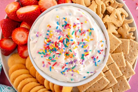 Easy Funfetti Dip Confetti Dip With Cream Cheese, Fun Fetti Dip, Confetti Dip, Funfetti Dip, Brownie Batter Dip, Easy Dessert Dips, Chocolate Chip Dip, Dip With Cream Cheese, Cream Cheese Butter