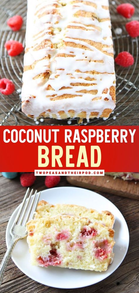 Looking for a delicious Mother's day brunch idea? Try this Coconut Raspberry Bread! This easy coconut quick bread is dotted with fresh raspberries and drizzled with a homemade sweet glaze! Pin this… Raspberry Bread Recipes, Raspberry Quick Bread, Raspberry Banana Bread, Coconut Quick Bread, Easy Quick Bread, Raspberry Bread, Bundt Recipes, Recipes With Yeast, Easy Recipies