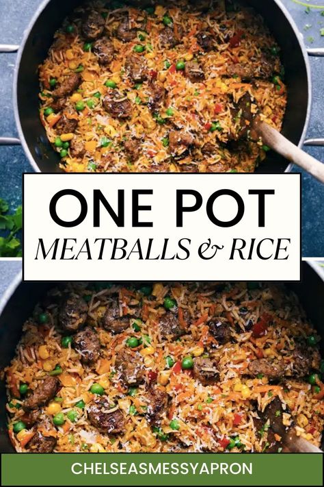 This one-pot Meatballs and Rice is downright delicious! Perfectly tender mini meatballs with fluffy rice, loads of veggies, and a spectacular spice blend. Sure to be a hit with kids and adults alike! #dinner #best #quick #easy #simple #familyfriendly #kidfriendly #onepot #meatballs #rice Rice With Meatballs Dinners, Meatballs And Rice Casserole, Meatball Rice Casserole, Meatball And Rice Dinner Ideas, Meatballs Rice Recipe, Rice With Meatballs, Italian Meatballs And Rice, Rice And Meatballs Recipes, Rice Meatballs Recipes