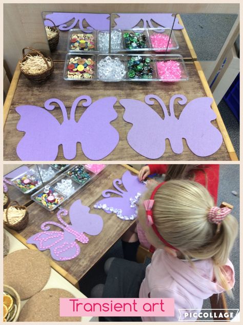 EYFS butterfly transient art Minibeast Art, Minibeasts Eyfs, Minibeasts Activities, Transient Art, Butterfly Life Cycle Activity, Butterflies Classroom, The Very Hungry Caterpillar Activities, Hungry Caterpillar Craft, Hungry Caterpillar Activities