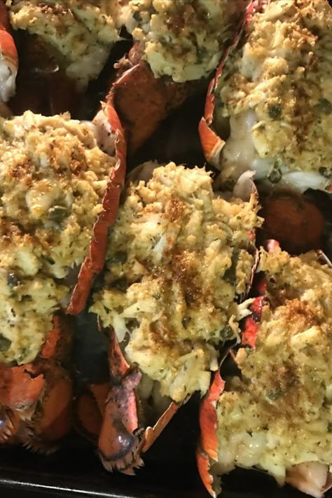 Crab Stuff Lobster Tail, Red Lobster Shrimp Rangoon, Stuffed Lobster Tails With Crab Meat, Stuff Lobster Tail With Crab Meat, Stuffed Lobster Tail Recipe Baked, Baked Stuffed Lobster Tails, Crab Stuffed Lobster Tail, Lobster Tail Meal Ideas, Stuffed Lobster Tail Recipe