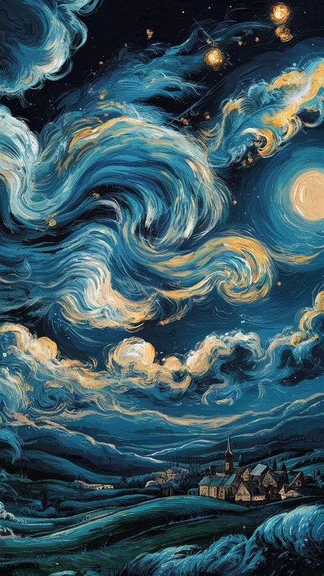 Immerse yourself in a mesmerizing starry night wallpaper, featuring swirling clouds and brilliant stars in vibrant blues and golden hues. This post-Impressionist-inspired design captures a dynamic cosmos, complemented by a serene landscape of rolling hills and a quaint village under moonlight. Emphasizing dreams and aspirations, this artwork invites reflection and wonder. Perfect for home décor and a touch of ethereal beauty. Starry Nights Wallpapers, Start Night Painting Wallpaper, Stary Night Background Aesthetic, Starry Night Wallpaper Landscape, Starry Night Live Wallpaper, Starry Night Wallpaper, Van Gogh Art, Quaint Village, Night Vibes