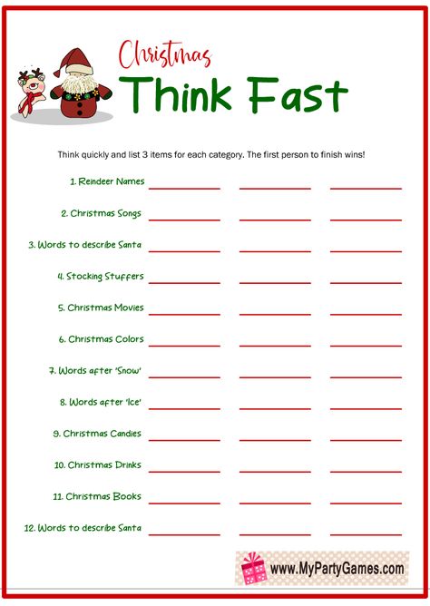 Free Printable Think Fast Christmas Game Holiday Printable Games, Think Fast Christmas Game Free Printable, Think Fast Christmas Game, Kids Christmas Quiz, Christmas Games Printable Free, Free Christmas Game Printables, Christmas Questions For Kids, Free Christmas Games Printables, Christmas Game Free Printable