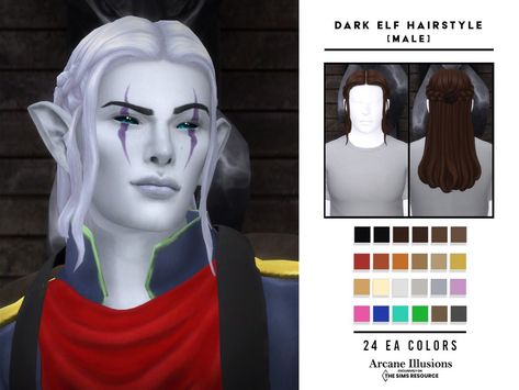 Dark Elf Hairstyle is a long hairstyle for male sims (Especially Dark elf and wizard male characters) This hair has 24 EA colors, compatible with hats and HQ mode. Also included in Specular and Shadow maps. #sims #sims4 #maxismatch #mm #thesims #thesims4 #thesimsresource #tsr #ts4 #ts4cc #customcontent #thesims4cc #sims4cc Elf Hairstyles, Hairstyle Male, Elven Hairstyles, Elf Hair, Male Sims, Male Hairstyles, Male Witch, Night Elf, Fantasy Hair