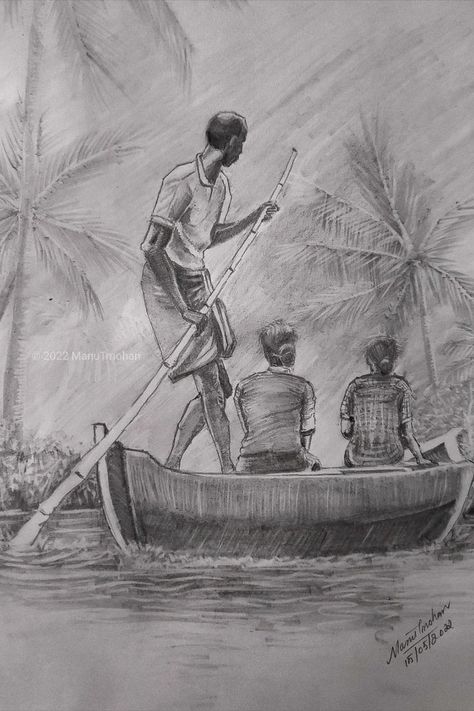 Kerala Back waters pencil drawing by Manu T Mohan Kerala Drawing, Kerala Backwaters, Human Figure Sketches, Figure Sketching, Indian Paintings, Human Figure, Drawing Reference Poses, Pencil Drawing, Drawing Reference