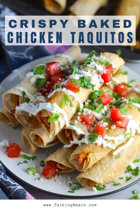 This Baked Chicken Taquitos recipe is so easy! The Taquitos are crispy on the outside, soft and delicious on the inside.  Corn tortillas are filled with smoky taco seasoned shredded chicken, creamy cheddar cheese, and bright scallions.  Perfect for a snack, appetizer, or dinner.  #dinnerideas #familydinner #chickenrecipes #chickendinner #tacos #taquitos Spicy Chicken Taquitos, Seasoned Shredded Chicken, Chicken Taquitos Recipe, Baked Chicken Taquitos, Mexican Dinners, Easy Spring Recipes, Spicy Baked Chicken, Busy Mom Recipes, Taquitos Recipe