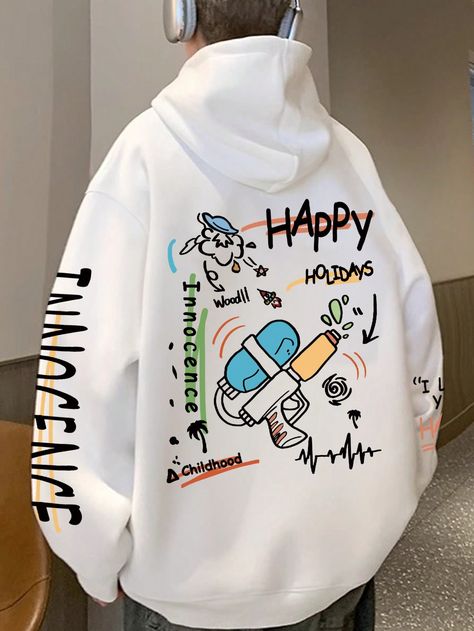 Loose Fit Men's Cartoon & Letter Printed Drop Shoulder Hoodie With Drawstring White Casual  Long Sleeve Fabric Cartoon,Letter  Slight Stretch  Men Clothing, size features are:Bust: ,Length: ,Sleeve Length: Hoddies Outfits Men Design, Hoddies Outfits, Oversized Hoodie Outfit, Drop Shoulder Hoodie, Streetwear Hoodie, Dope Outfits For Guys, Letter Print Hoodie, Cartoon Letters, Stylish Mens Outfits