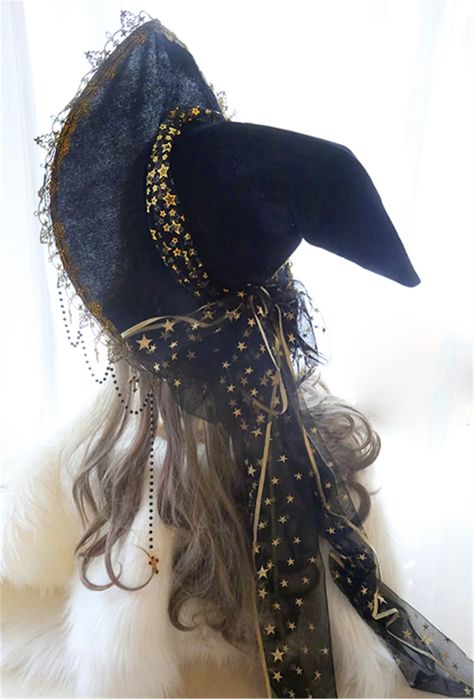 Star Witch Hat, Big Wizard Hat, Astrology Witch Costume, Witch Hat Cottagecore, Star Witch Costume, Cosmic Witch Costume, Fantasy Witch Hat, Wizards Outfit, Big Witch Hat