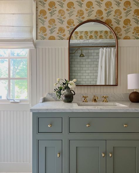 MLK powder room • Instagram Green Bathroom Vanity And Wallpaper, Farmhouse Green Bathroom Vanity, Southern Cottage Bathroom, Classic Southern Home Decor Bathroom, 2019 Southern Living Idea House, Southern Style Bathroom, Green Bathroom Vanity Farmhouse, Southern Coastal Bathroom, Green Bathroom Vanity With Wallpaper