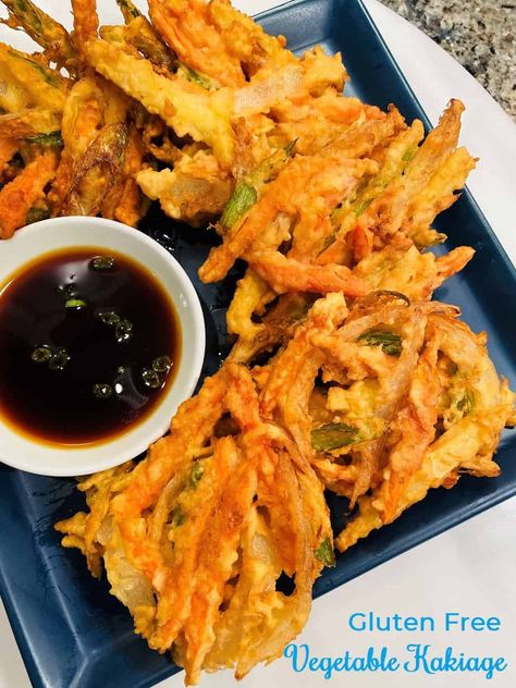 Gluten Free Vegetable Kakiage Korean Vegetable Fritters, Kakiage Tempura Vegetables, Vegetable Tempura Recipe, Gluten Free Korean Recipes, Gluten Free Tempura Batter, Gluten Free Tempura, Tempura Veggies, Gluten Free Japanese Food, Kakiage Tempura