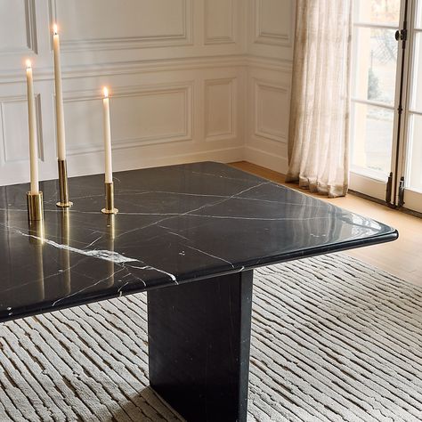 Modern Rectangular Dining Tables for Dining Rooms and Kitchens | CB2 Granite Dining Table Black, Black Marble Dinner Table, Black Wooden Dining Table, Black Stone Dining Table, Black Marble Table Dining, Granite Dining Table Ideas, Black Marble Top Dining Table, Dining Room Marble Table, Marble Dining Table Design