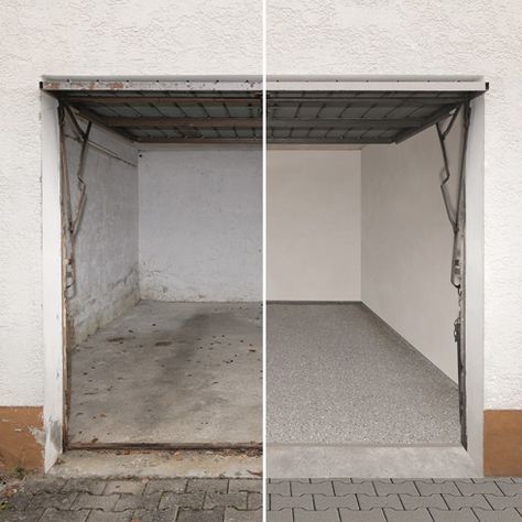 Ein angegriffener Garagenboden lässt sich mit Komplettsystemen für die Bodensanierung beheben. So lassen sich Beschädigungen des Bodens ausgleichen und vermeiden. Before And After Cabinets, Soil Remediation, Diy Beauty Organizer, Garage Boden, Garage Door Types, Front Door Makeover, Garage Door Makeover, Floor Renovation, Makeover Before And After