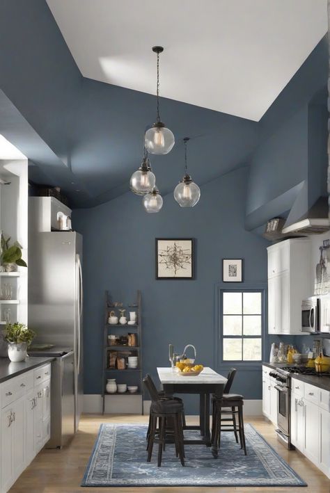 charcoal blue paint, kitchen wall paint, white rug, room painting cost Blue Wall Kitchen Ideas, Blue Kitchen Walls, Grey Kitchen Walls, Light Oak Floors, Grey Blue Kitchen, Blue Painted Walls, Moms Kitchen, Charcoal Walls, Paint For Kitchen Walls