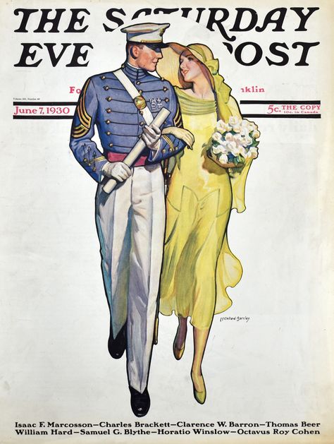 "Military Grad & Girl" by artist C. McClelland Barclay.  Vintage 1930 Saturday Evening Post magazine cover from Retro Reveries.  A West Point graduate proudly carries his diploma, girl on his arm, as he heads off to a bright and exciting future in the US Army. This would make a wonderful gift for a West Point grad. You could display it in a study or den for a nostalgic flair. #RetroReveries #etsy #westpoint #nostalgia #1930s #mancavedecor Coles Phillips, 1910s Fashion, Magazine Illustration, Military Uniforms, Old Magazines, Ad Art, Illustration Vintage, Arte Sketchbook, Poses References