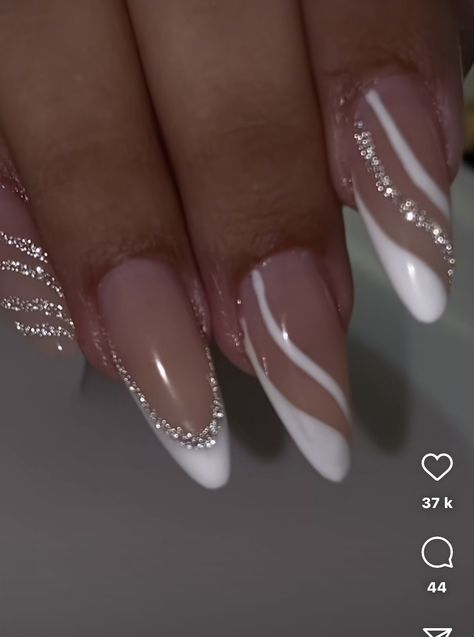 Cute Prom Nails White, White And Silver Nails Almond, White French Design Nails, White And Silver French Tip Nails, White And Silver Acrylic Nails, Silver And White Nails, Jamaica Nails, Bridal Nails Designs, Fancy Nail Art