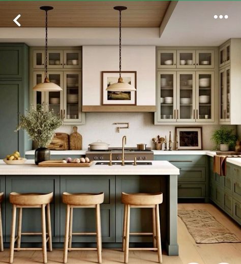 Green Kitchen Appliances Aesthetic, Kitchen With Green Cabinets, Cozy Home Design, Dry Kitchen, 2024 Kitchen, Airbnb Design, Green Kitchen Cabinets, Kitchen Room Design, Kitchen Inspiration Design