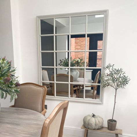 White Window Mirror, Window Mirror Kitchen, Faux Window Mirror, Two Mirrors On Wall Living Rooms, 2 Mirrors On Wall Living Room, Shabby Chic Flooring, Dining Room Mirror, Window Mirrors, Entrance Mirror