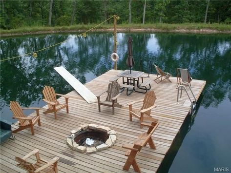 Lake Floating Platform, Private Lake Ideas, Lake Decks Ideas, Pond Dock Ideas Decks, Pond Docks Ideas, Backyard Lake Ideas, Man Made Lake In Backyard, Lake House Boat Dock Ideas, Dock For Pond