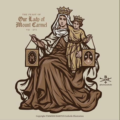 BARITUS Catholic Illustration on Instagram: "Happy Feast of Our Lady of Mount Carmel This is one of my personal favorite illustrations to date, and it's been wonderful hearing from people about their special devotion to Our Lady of Carmel as it's one that is very meaningful to many Catholics. If you're looking for vinyl stickers to share this special devotion, check out the shop at barituscatholic.etsy.com. I also have a few tees left in some smaller/larger sizes (sorry the Mediums and Larges Baritus Catholic, Catholic Illustration, Roman Catholic Art, Catholic Artwork, Our Lady Of Mount Carmel, Happy Feast, Holy Mountain, Catholic Wallpaper, The Holy Mountain