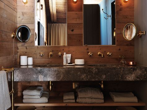 Rustic Glam bathroom with Brecchia marble sink, polished brass hardware and accents, reclaimed wood; Belgian and Swedish combined with Wabi Sabi elements | Chalet Fontanet by Studio Ilse Chalet Bathroom, Miramonti Boutique Hotel, Chalet Design, Swiss Chalet, Cabin Bathrooms, Warm Palette, Rustic Glam, Comfortable Furniture, Modern Mountain