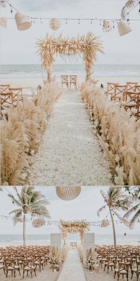 Beach Wedding Fairy Lights, Seagrass Wedding Decor, Beach Wedding Theme Ideas Color Palettes, Beach Wedding Setup, Gold Beach Wedding, Dream Beach Wedding, Pastel Beach, Costa Rica Wedding, Wedding Sand