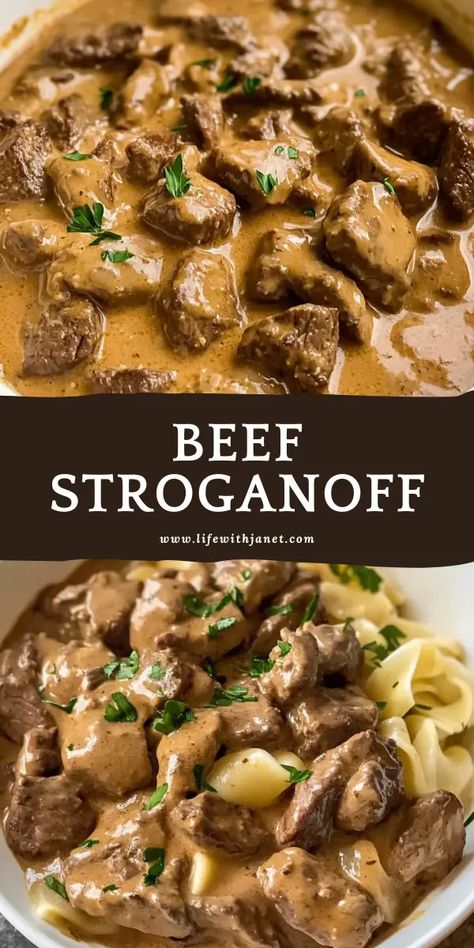 This is 'Comfort in a Bowl.' Only 4 ingredients, and every time I make it, they think it's a gourmet masterpiece. Strip Beef Recipes, Frozen Meat Recipes, Red Meat Recipes Dinners, Stew Meat Recipes Quick, Beef And Mushroom Pasta, Beef Over Noodles, Easy Dinner Beef, Easy Dinner Recipes Beef, Skillet Beef Stroganoff