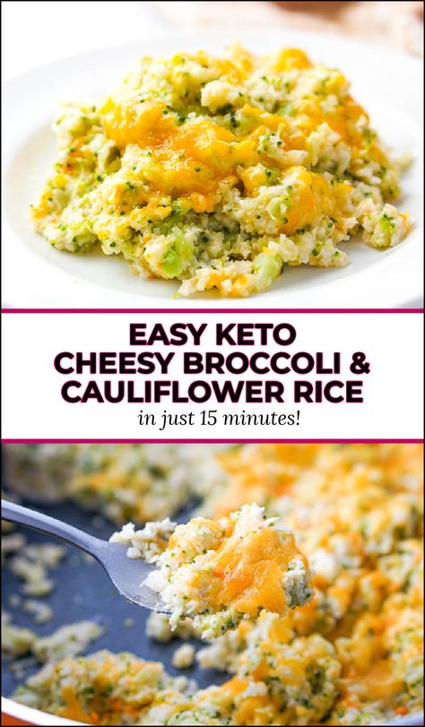 This super easy cheesy broccoli cauliflower rice is a delicious keto side dish that you can make in 15 minutes. It's low carb comfort food with a healthy twist - you use riced broccoli and cauliflower and no rice. Each serving has only 4.6g net carbs per serving and will go with any main dish. Riced Broccoli Recipes Keto, Recipes With Riced Broccoli, Cauliflower Rice Broccoli Casserole, Cauliflower Rice Broccoli Cheese, Broccoli Cheese Cauliflower Rice, Calfower Rice Recipes, Cauliflower Rice And Broccoli Recipes, Cauliflower Rice With Broccoli, Low Cal Broccoli Recipes