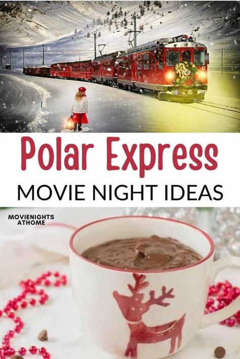 All aboard for a Polar Express movie night!! It’s easier than ever to than ever to start a holiday tradition at home! We love the idea of having Polar Express party where everyone gets their ticket punched, ice skate inside, play in fake snow, and make hot chocolate and jingle bell bracelets! It’s also so... Read More The post Polar Express Movie Night Ideas for Christmas appeared first on Movie Nights at Home. Polar Express Meal Ideas, Polar Express Theme Movie Night, Polar Express Decorating Ideas, Polar Express Snack Ideas, Polar Express Food Ideas Dinner, Polar Express Pajama Party, Polar Express Food Ideas Movie Nights, Polar Express Themed Snacks, The Polar Express Movie Night