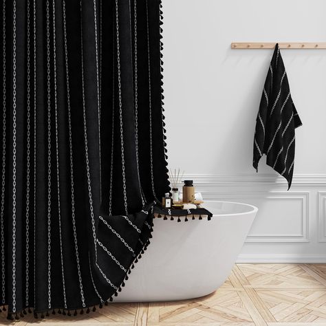 PRICES MAY VARY. 🛁【Boho Farmhouse Style with Tassel】: This shower curtain features a unique combination of bohemian and farmhouse style, with a 3D embroidery stripe design and tassels on three sides. The elegant and country style adds a touch of luxury to your bathroom and creates a beautiful aesthetic. This decorative shower curtain will elevate your bathing experience, allowing you to enjoy a luxurious hotel-like bath in the comfort of your own home. 🛁【Premium Linen Blend Fabric】: This boho Black And White Striped Shower Curtain, Apartment Bathroom Black And White, Simple Modern Bathroom Decor, Shower Curtain For Black And White Bathroom, Waterproof Shower Curtain, Art For Black And White Bathroom, Black And White Christmas Bathroom Decor, Bathroom Ideas Curtains, Black And Cream Shower Curtain