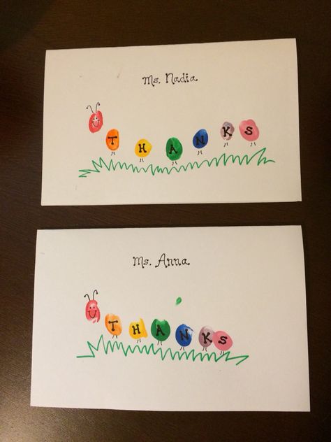 Thank you cards for teacher- caterpillar fingerprints Fingerprint Cards, Thank You Cards From Kids, Teacher Birthday Gifts, Teacher Appreciation Cards, Teacher Thank You Cards, Handmade Thank You Cards, Personal Gifts, Teachers Diy, Boy Diy